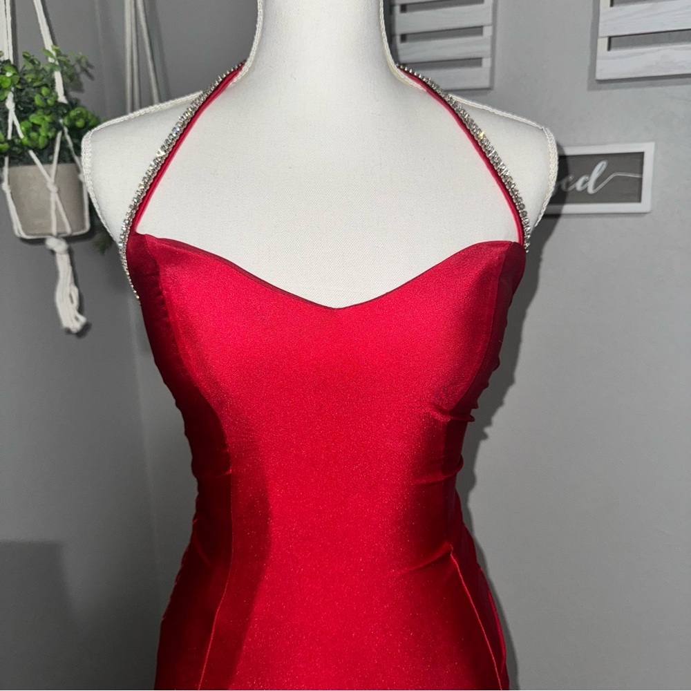 Elegant Floor Length Formal Evening Gown Prom Dress Red Size XS Rhinestones - Picture 2 of 13